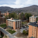 Drone shot of campus buildings
