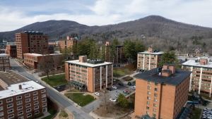 Drone shot of campus buildings